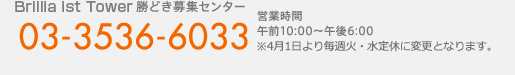 Brillia ist Tower 勝どき募集センター
03-3536-6033
営業時間
午前10:00～午後6:00（水曜定休）